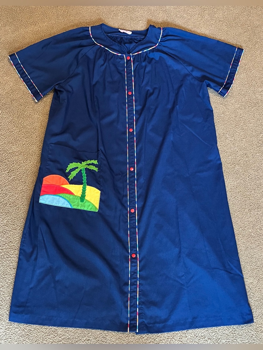 Vtg SMART TIME Womens Large Blue Mumu Robe Housecoat Snap Closure Cotton Granny